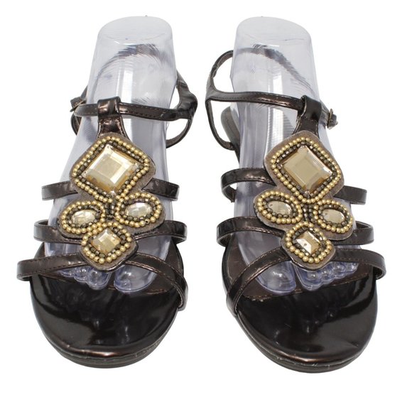 Madeline Stuart Shoes - Madeline Stuart 10M Rhinestone Beaded Embellishment Black Strappy Wedge Sandals